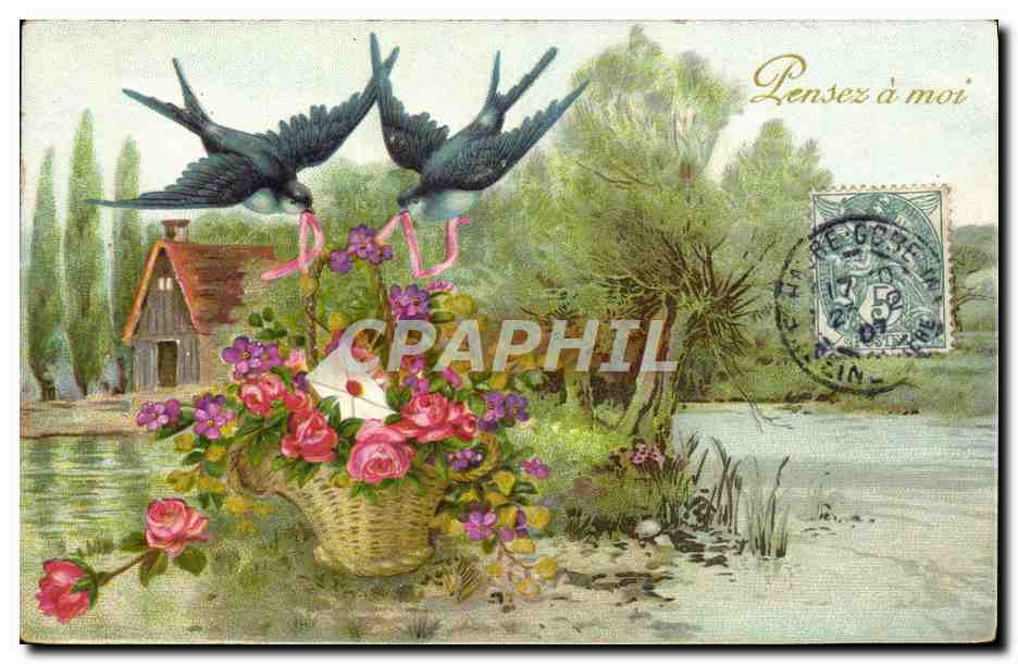 CPA Fantaisie Fleurs Hirondelles