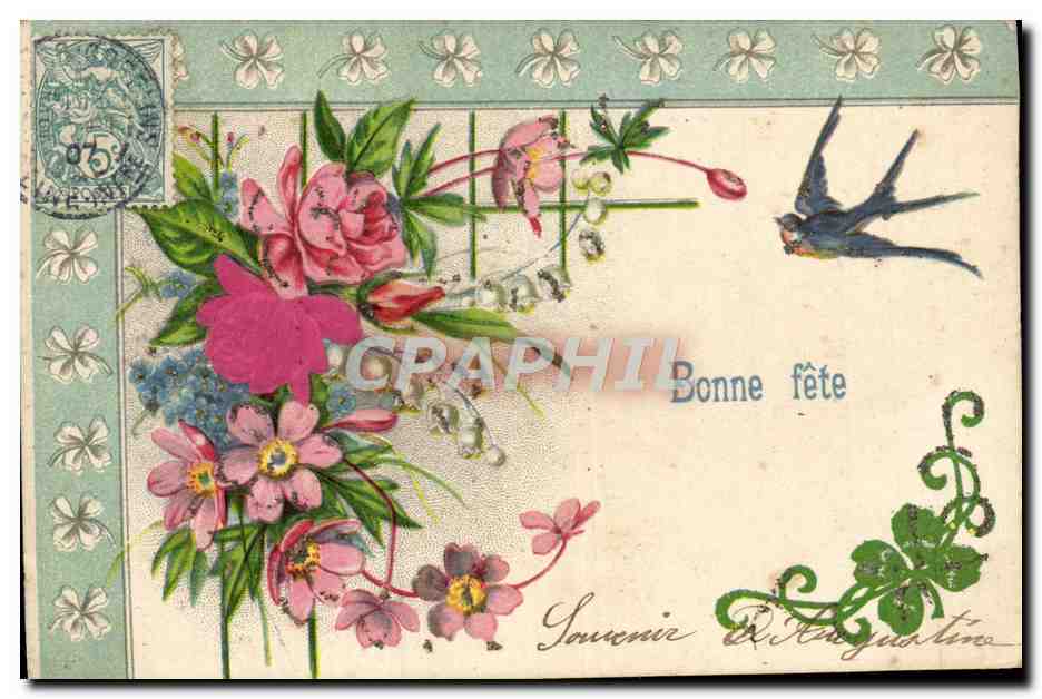 Fleurs et oiseau — Bonne fête — Souvenir D'Augustine