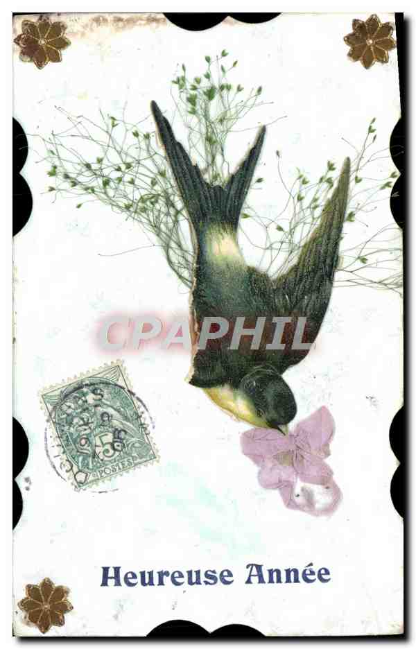 CPA Fantaisie Fleurs Hirondelle Heureuse Annee
