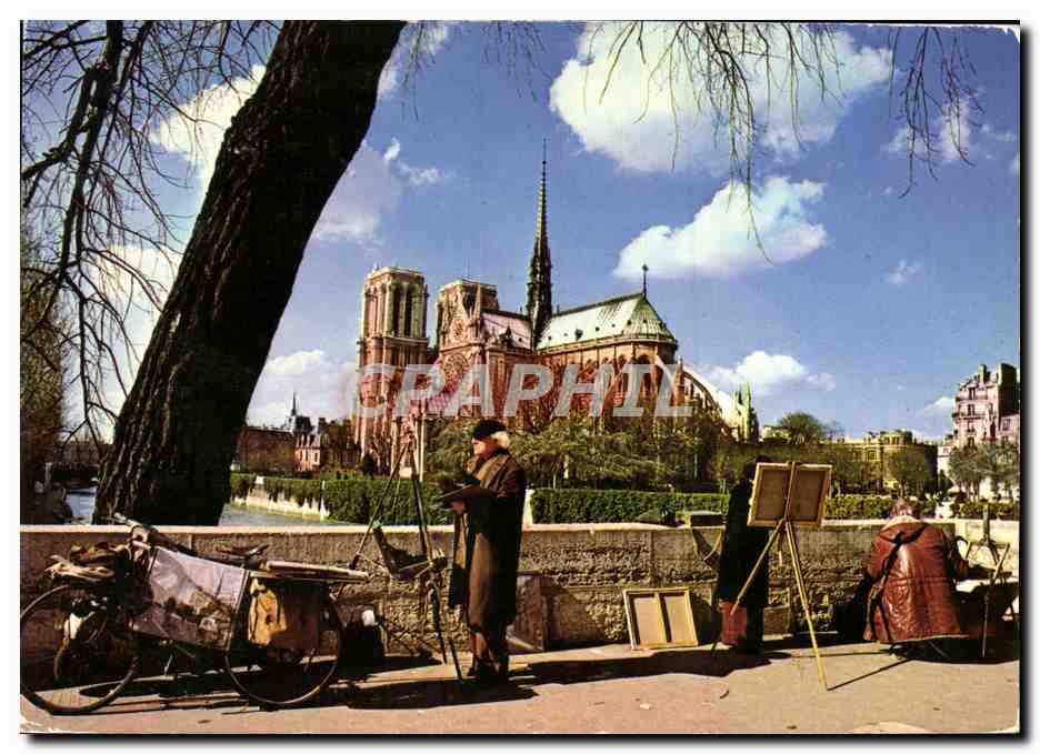 CPM Paris La Cathedrale Notre Dame Prise De l'Archeveche Peintres Velo