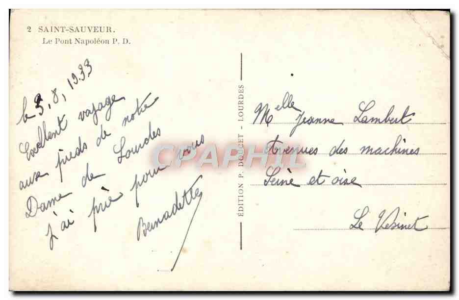 Saint-Sauveur — Le Pont Napoléon — Édition P. Doucet, Lourdes — Verso