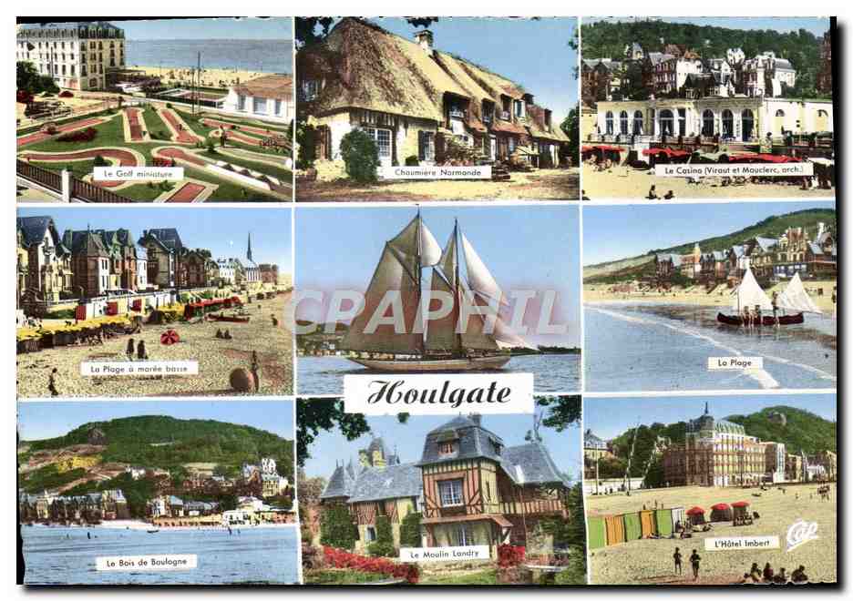 Houlgate — Vue panoramique avec le Golf miniature, la Chaumière Normande, le Casino, la Plage à moire basse, le Bois de Boulogne, le Moulin Landry et l'Hôtel Imbert — éditeur non visible