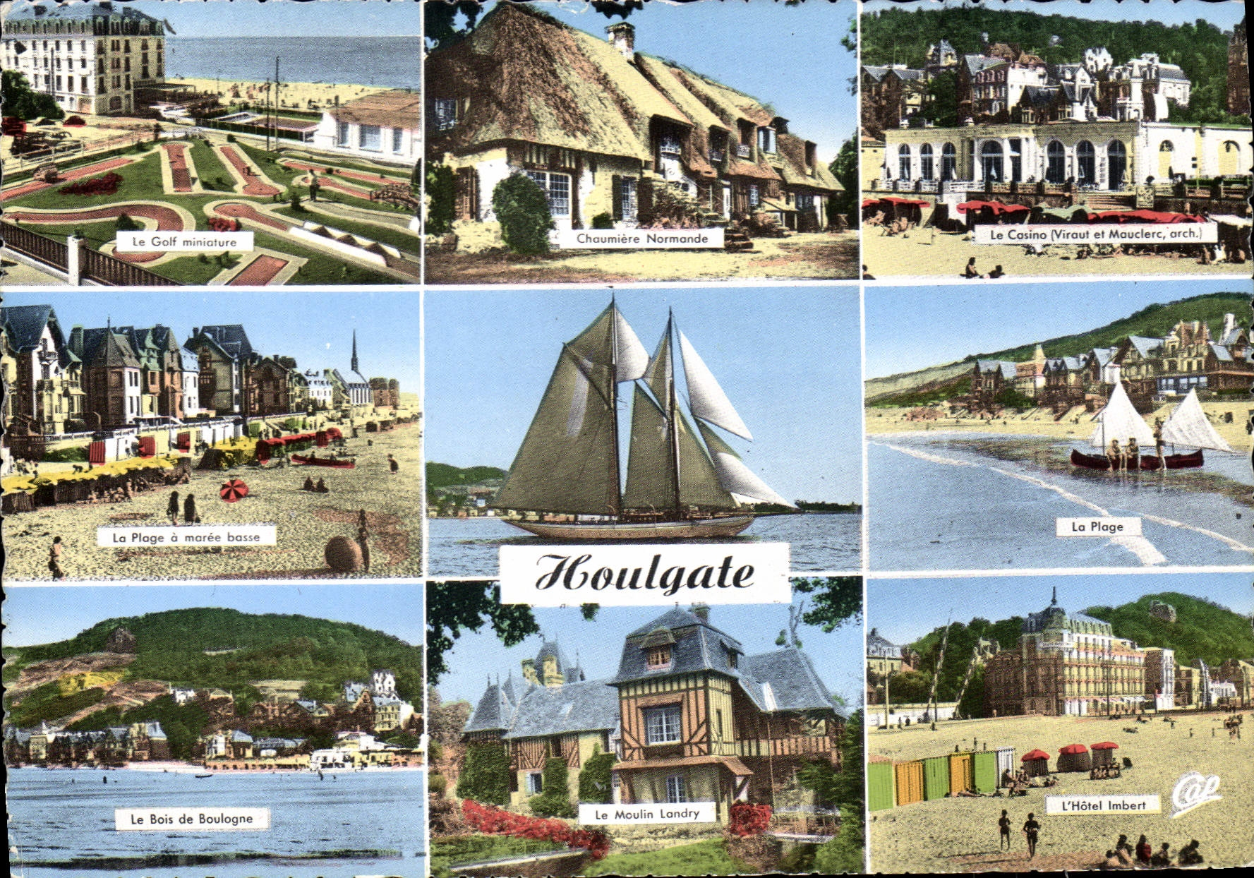 Houlgate — Vue panoramique avec le Golf miniature, la Chaumière Normande, le Casino, la Plage à marée basse, le Moulin Landry et l'Hôtel Imbert — Éditeur CPAPHIL