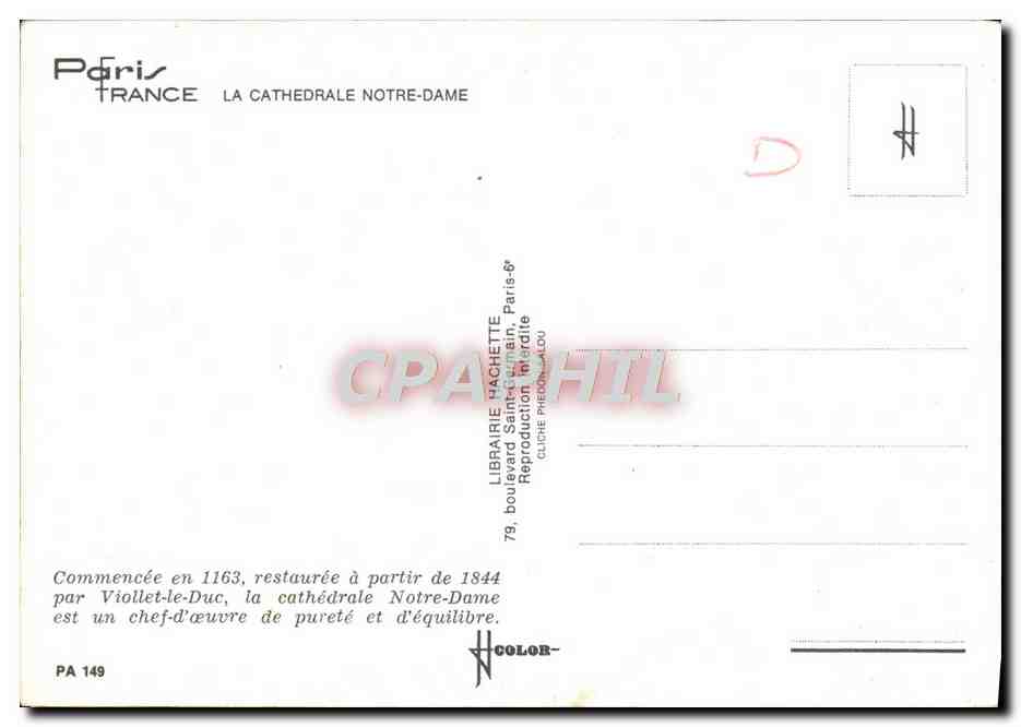 CPM Paris Le Cathedrale Notre Dame — Verso