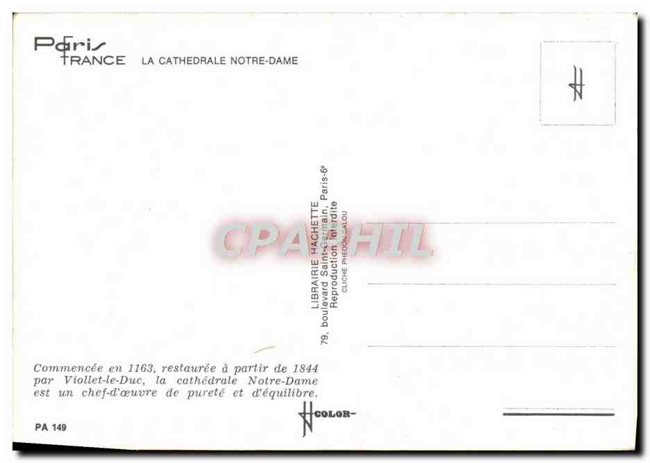 CPM Paris La Cathedrale Notre Dame — Verso