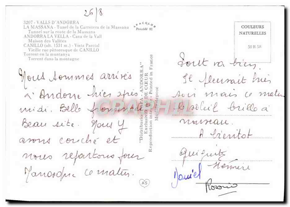 Record d'Andorre — Principauté d'Andorre — éditeur Couleurs Naturelles, n° 26/8 — Verso
