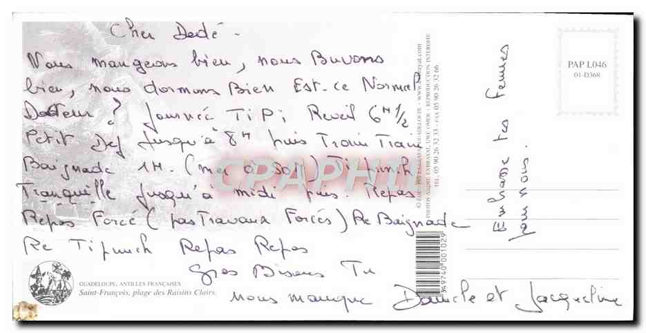 Plage des Raisins Clairs — Guadeloupe — éditeur CPAPHIL, n° PAP L046 — Reverso