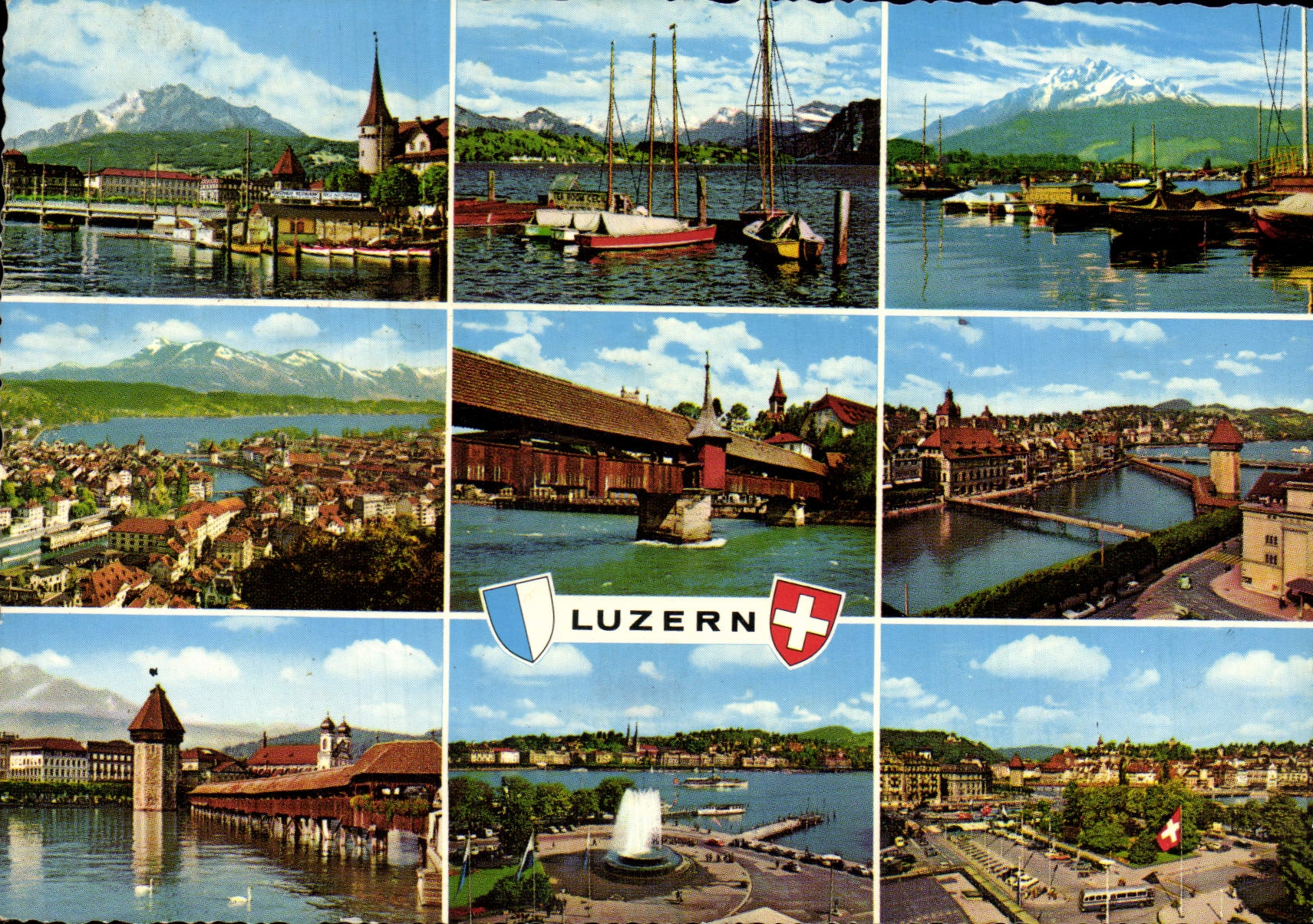 Luzern — vue panoramique avec montagnes enneigées, bateaux et pont couvert — éditeur R. Weber, n° 14 - Recto