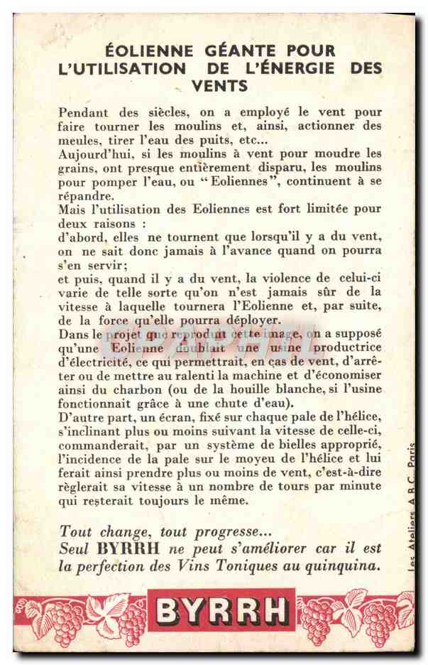 Carte publicitaire Regards Sur L'Avenir Eolienne geante Energie Byrrh — Rückseite