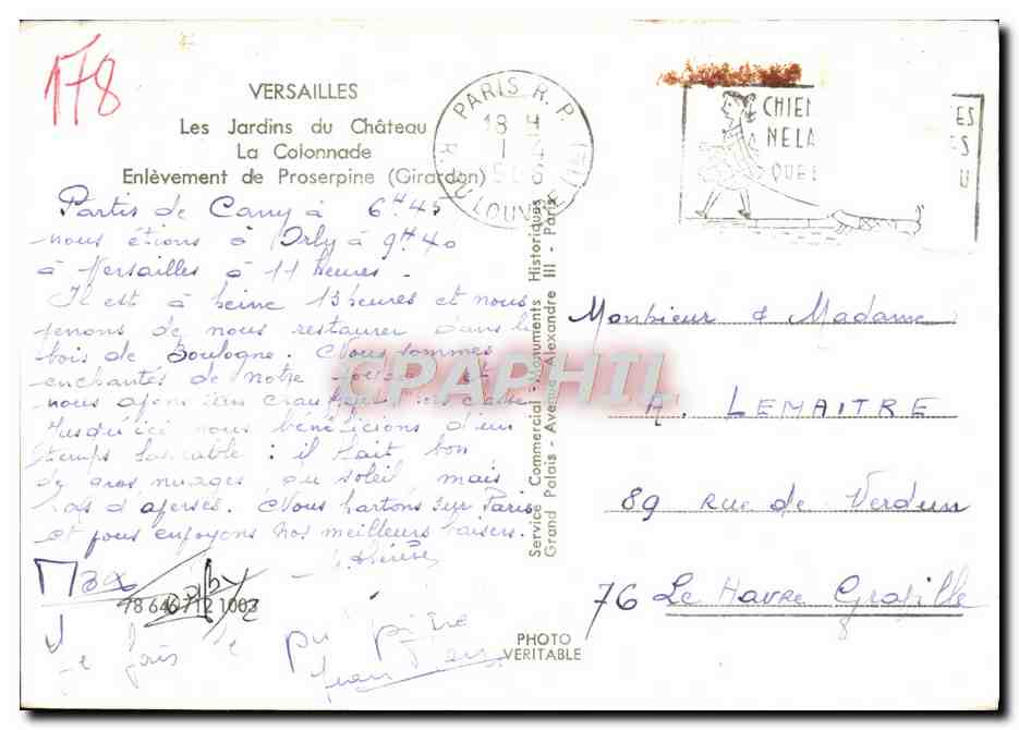CPM Versailles Les Jardins du chateau La Colonnade Enlevement de Proserpine Girardon  — Verso