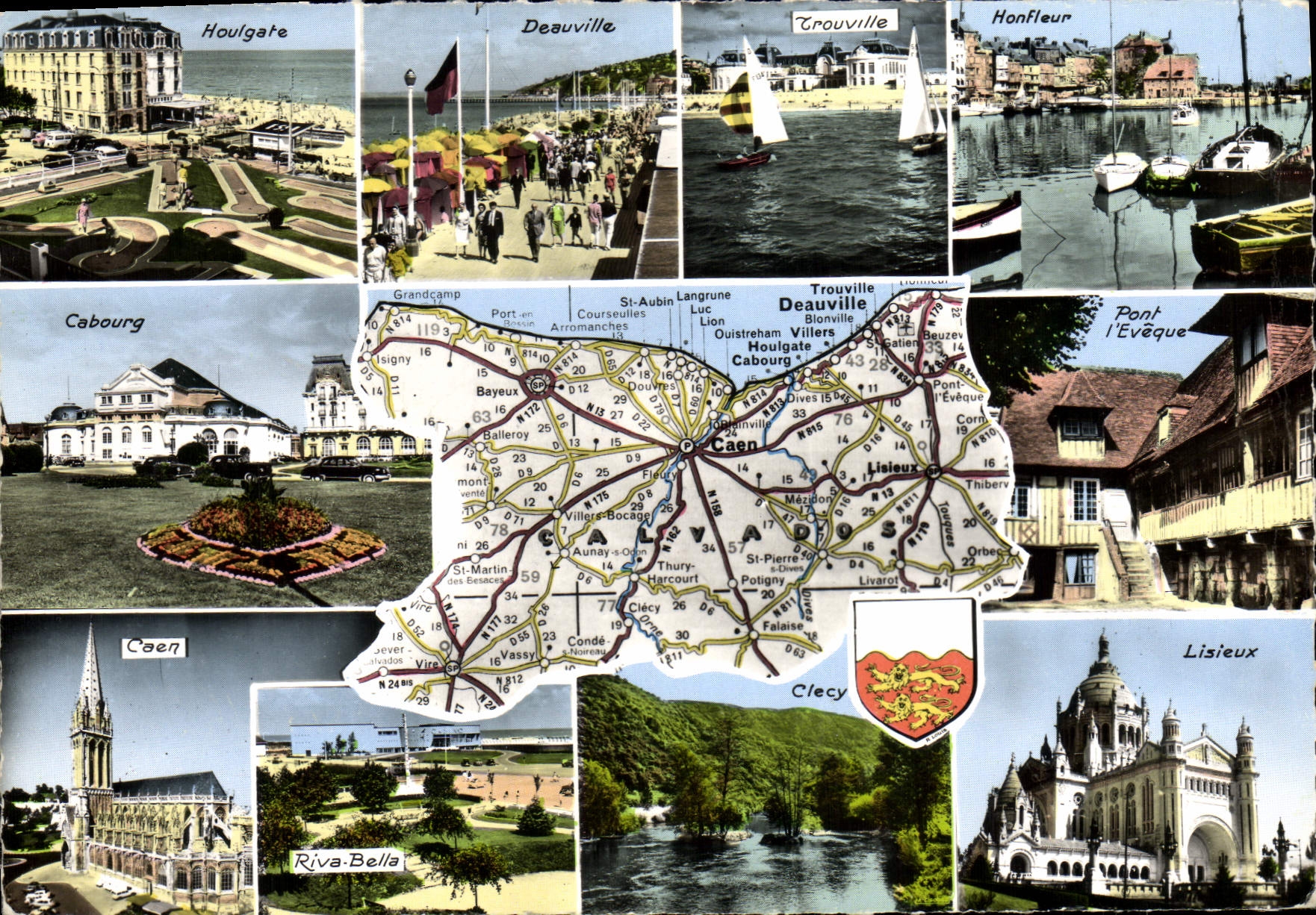 Calvados — Carte touristique avec vue de Hougate, Deauville, Trouville, Honfleur, Cabourg, Caen, Lisieux et Riva-Bella — Éditions 'Le Calvados' n°14.000.01