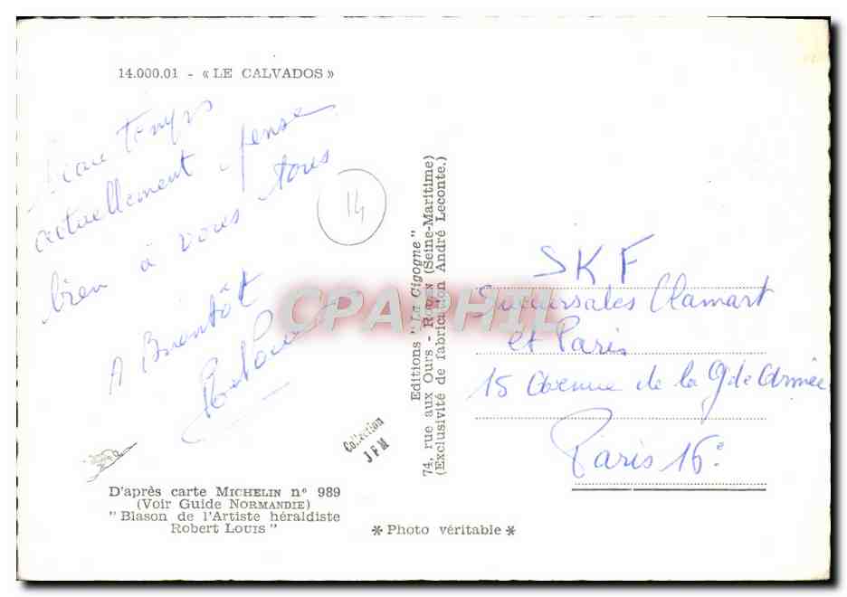 Calvados — Carte touristique avec vue de Hougate, Deauville, Trouville, Honfleur, Cabourg, Caen, Lisieux et Riva-Bella — Éditions 'Le Calvados' n°14.000.01 — Verso