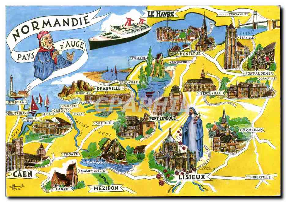 Normandie - Pays d'Auge — Carte postale illustrée avec carte de la région et personnages emblématiques — Éditeur ARTAUD & NINTES-CABARDOS