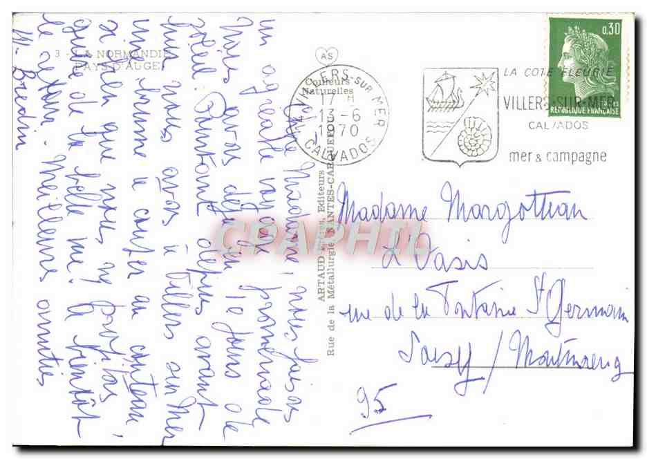Normandie - Pays d'Auge — Carte postale illustrée avec carte de la région et personnages emblématiques — Éditeur ARTAUD & NINTES-CABARDOS — Reverso