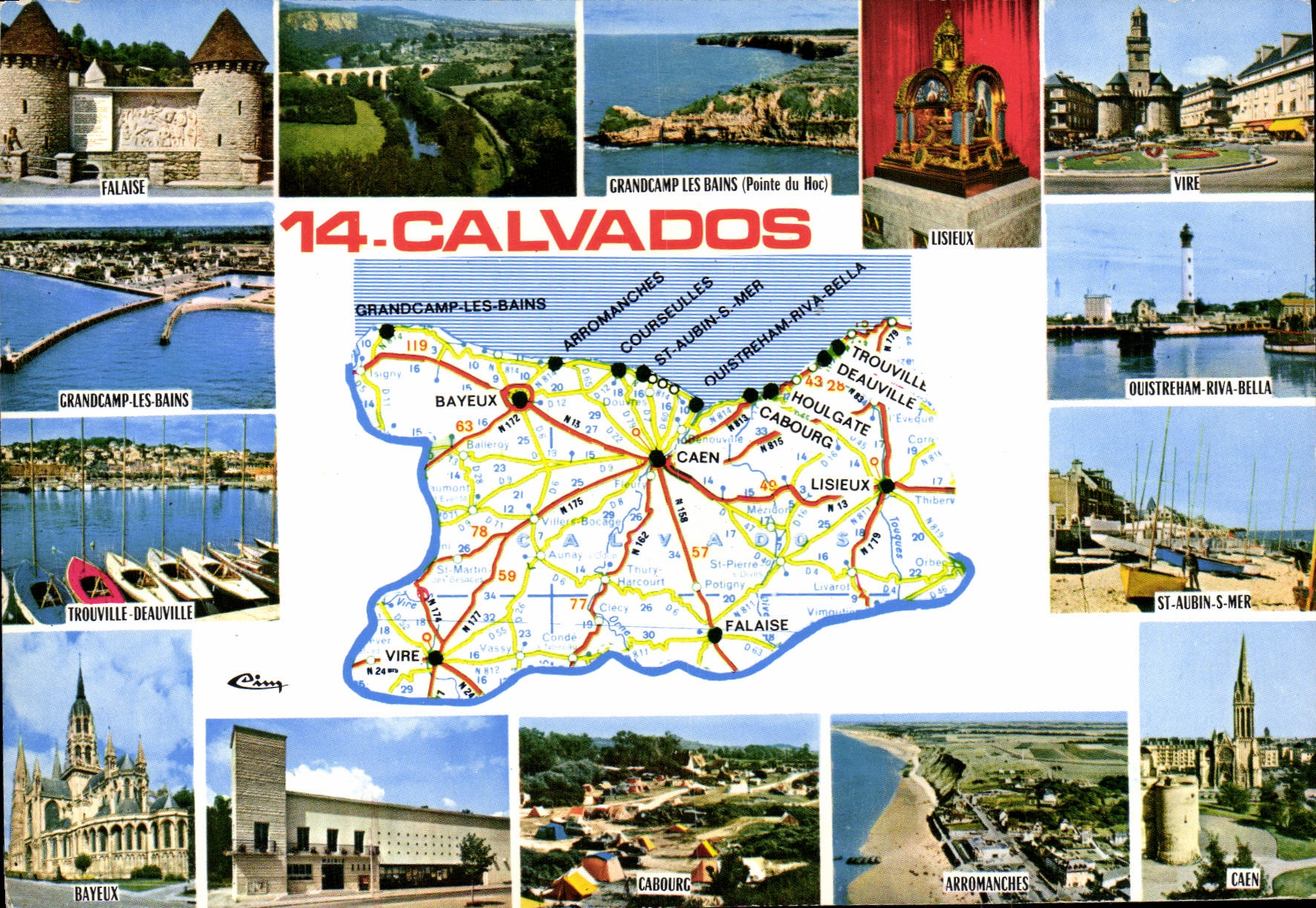 Calvados — Carte postale touristique avec carte routière et photos de lieux — Éditeur Cinq