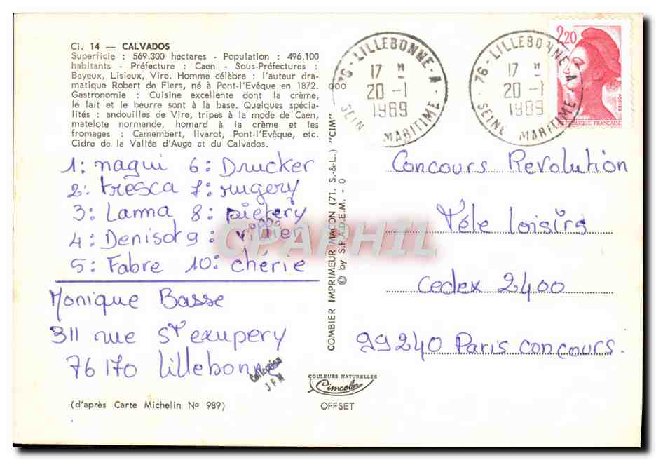 Calvados — Carte postale touristique avec carte routière et photos de lieux — Éditeur Cinq — Verso