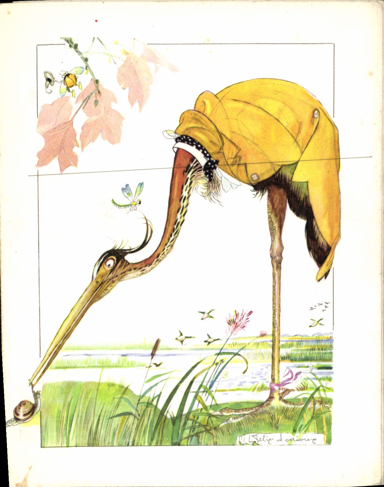 Héron et escargot — illustration de M. Felip Loniouze — Fables de La Fontaine, n° 47, éd. Fonds des Marques, Paris