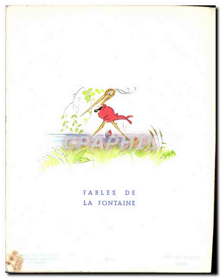 Héron et escargot — illustration de M. Felip Loniouze — Fables de La Fontaine, n° 47, éd. Fonds des Marques, Paris — Verso
