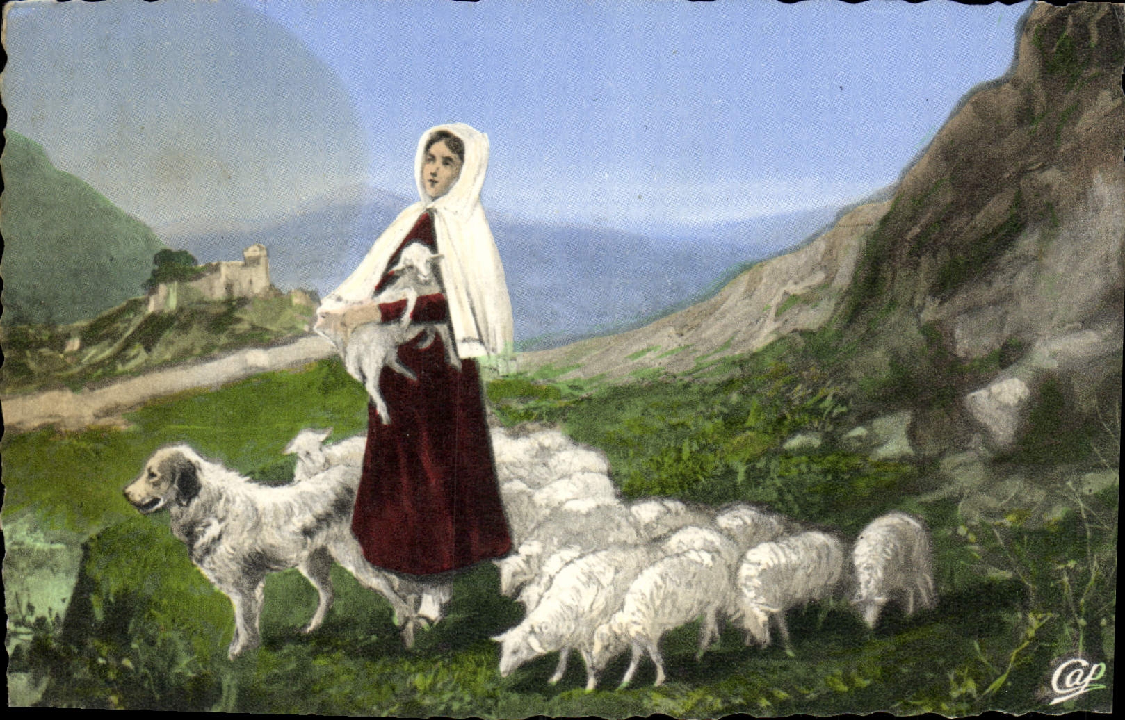CPM Lourdes La Vie de Sainte Bernadette L'enfance de Ste Bernadette a Bartres Moutons Chien