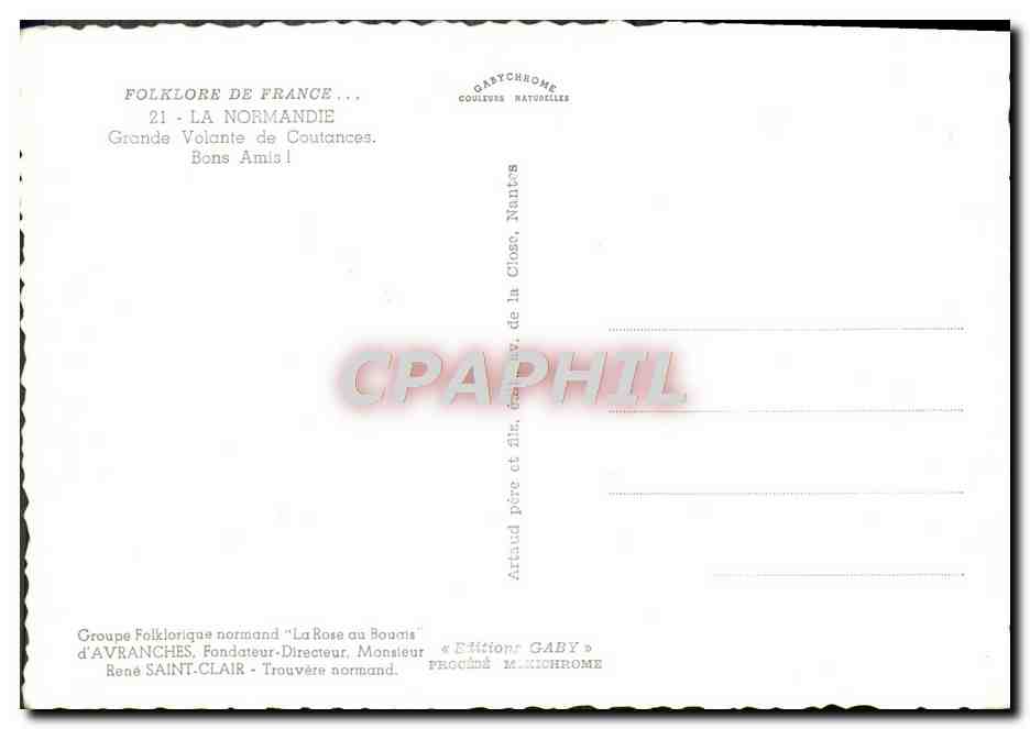CPM La Normandie Grande Volante de Coutances Bons Amis Femme Lapin Folklore — Achterkant