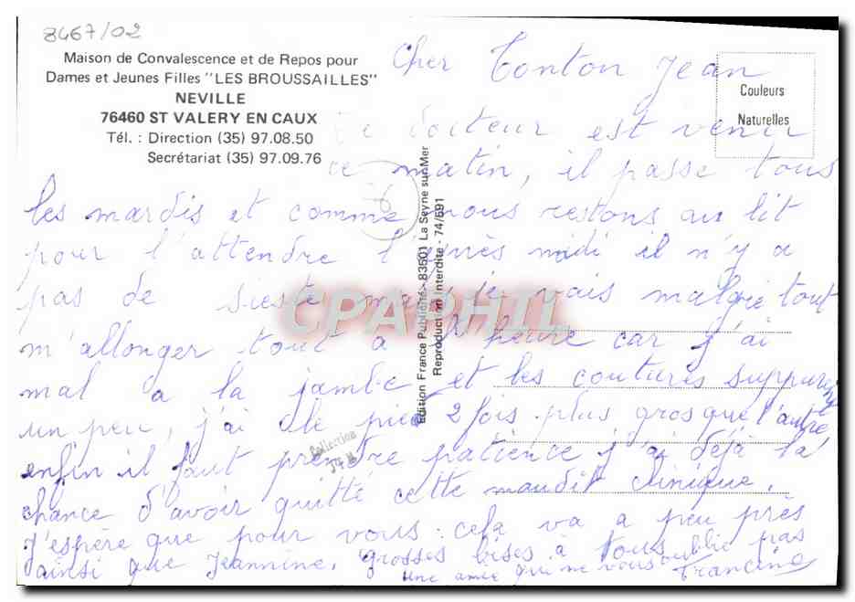 CPM Maison De Convalescene Et De Repos Pour Dames Et Jeunes Filles Les Broussailles Neville St Valery En Caux  — Rückseite