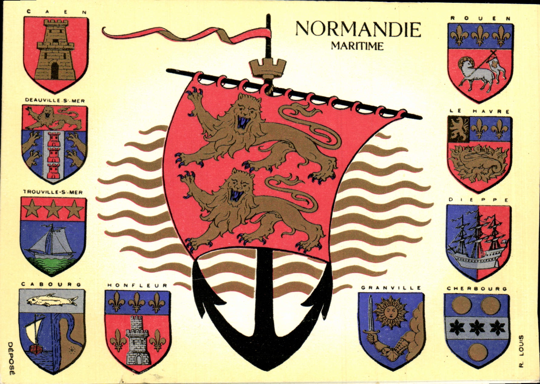 CPM Normandie Maritime Lion Armoiries Caen Deauville Trouville sur Mer Cabourg Honfleur Rouen Le Havre Dieppe Cherbourg 