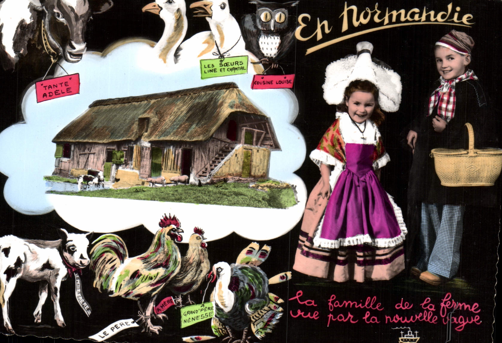 CPM La Normandie Pittoresque Enfants Vache Coq Hibou Chouette Folklore