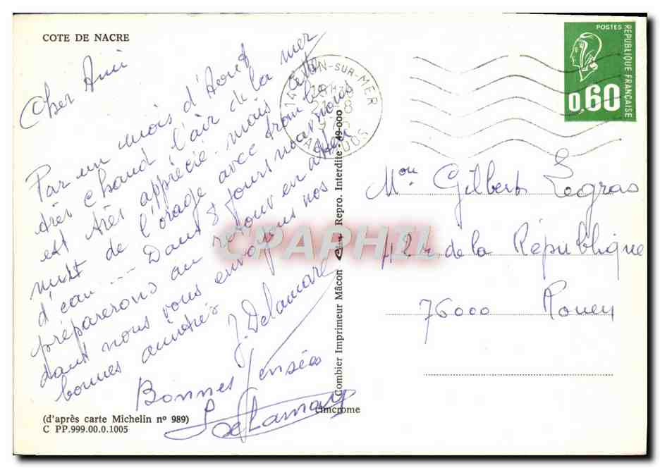 Côte de Nacre — Carte postale touristique avec vue de plusieurs stations balnéaires — Imprimeur Michelin, n° PP.999.00.1005 — Verso