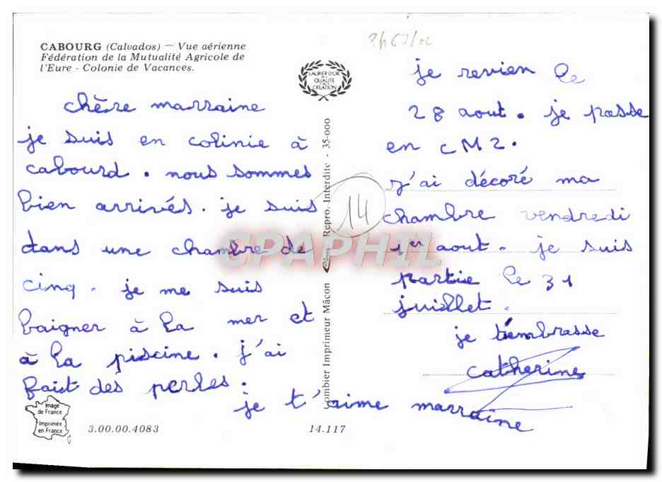 Cabourg (Calvados) — Vue aérienne de la Fédération de la Mutualité Agricole de l'Eure — Colombie de Vacances — Éditeur : Imprimerie Mâcon — Verso