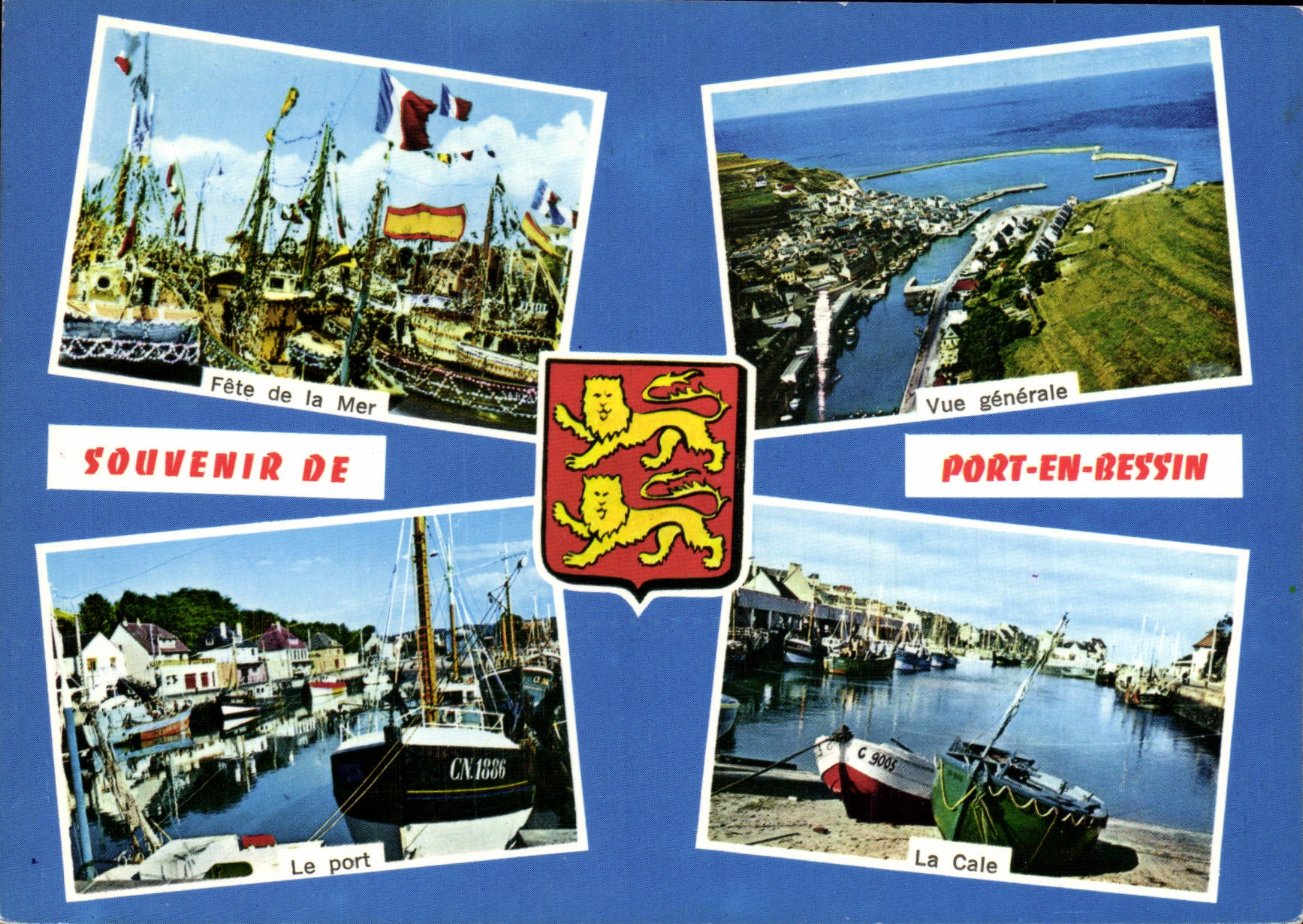 Port-en-Bessin — Fête de la Mer, Vue générale, Le port, La Cale — Souvenir de Port-en-Bessin, éditeur Couleurs Naturelles