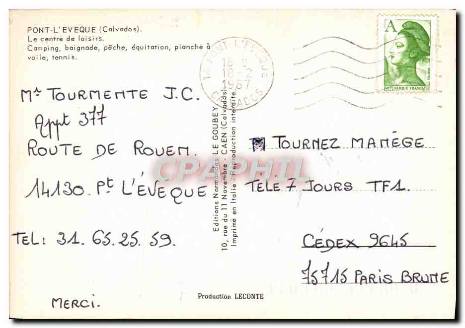 CPM Pont L'Eveque Le Centre de Loisirs Tennis Voile Equitation Planche a voile  — Rückseite
