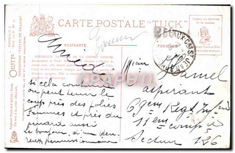 CPA Bordeaux Tour de la grosse cloche — Verso