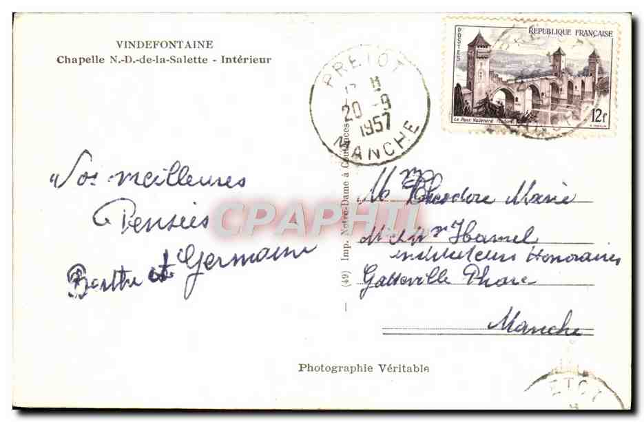 CPM Vindefontaine Chapelle N D De La Salette Interieur Vierge  — Back