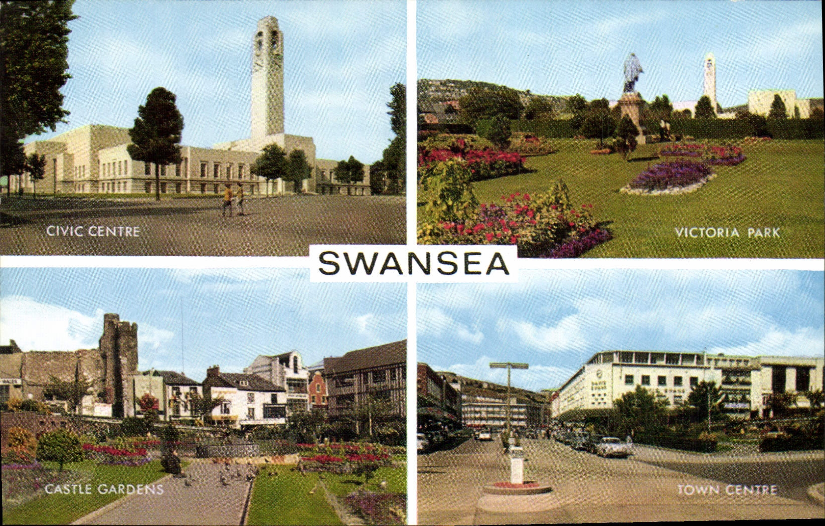 Swansea — Vue de quatre sites : Civic Centre, Victoria Park, Castle Gardens, Town Centre — J. Salmon Cameracolour