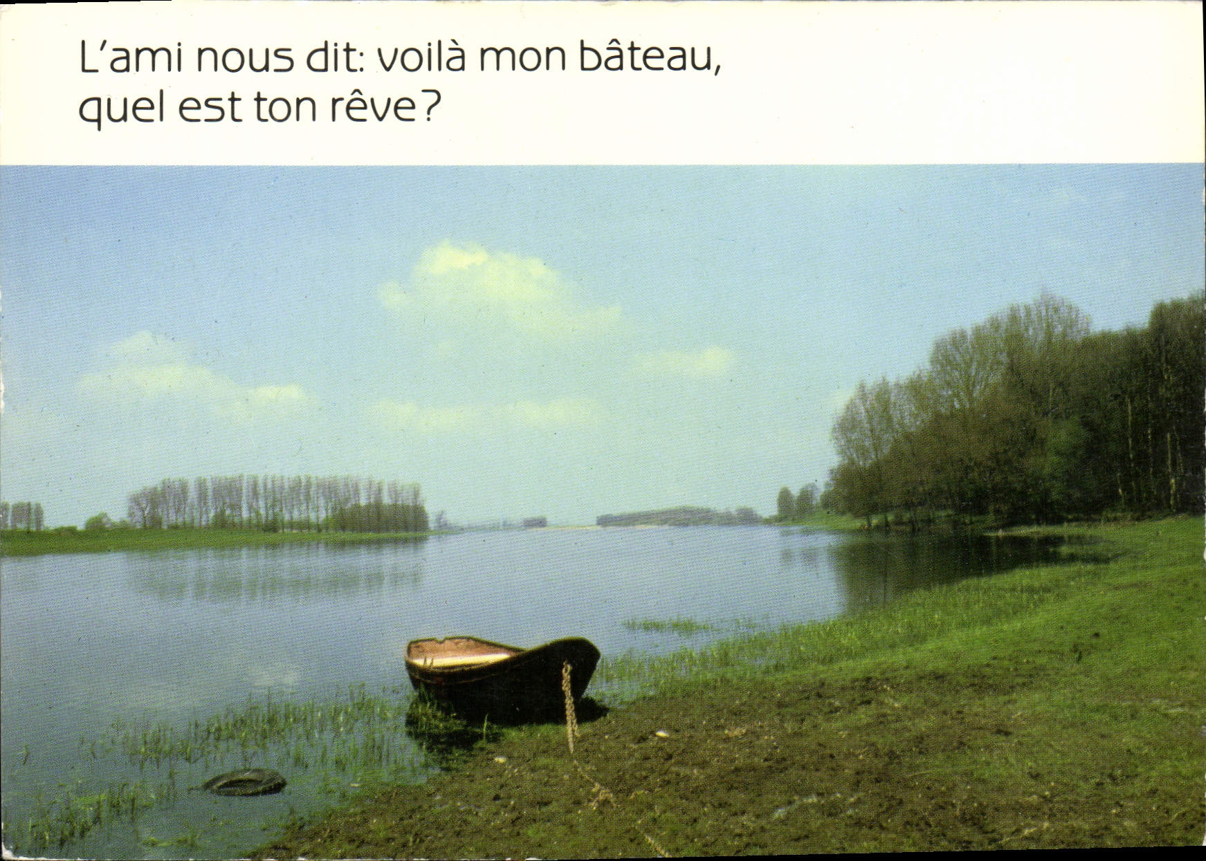 Bateau sur un lac — texte poétique — éditeur et n° de série non lisibles