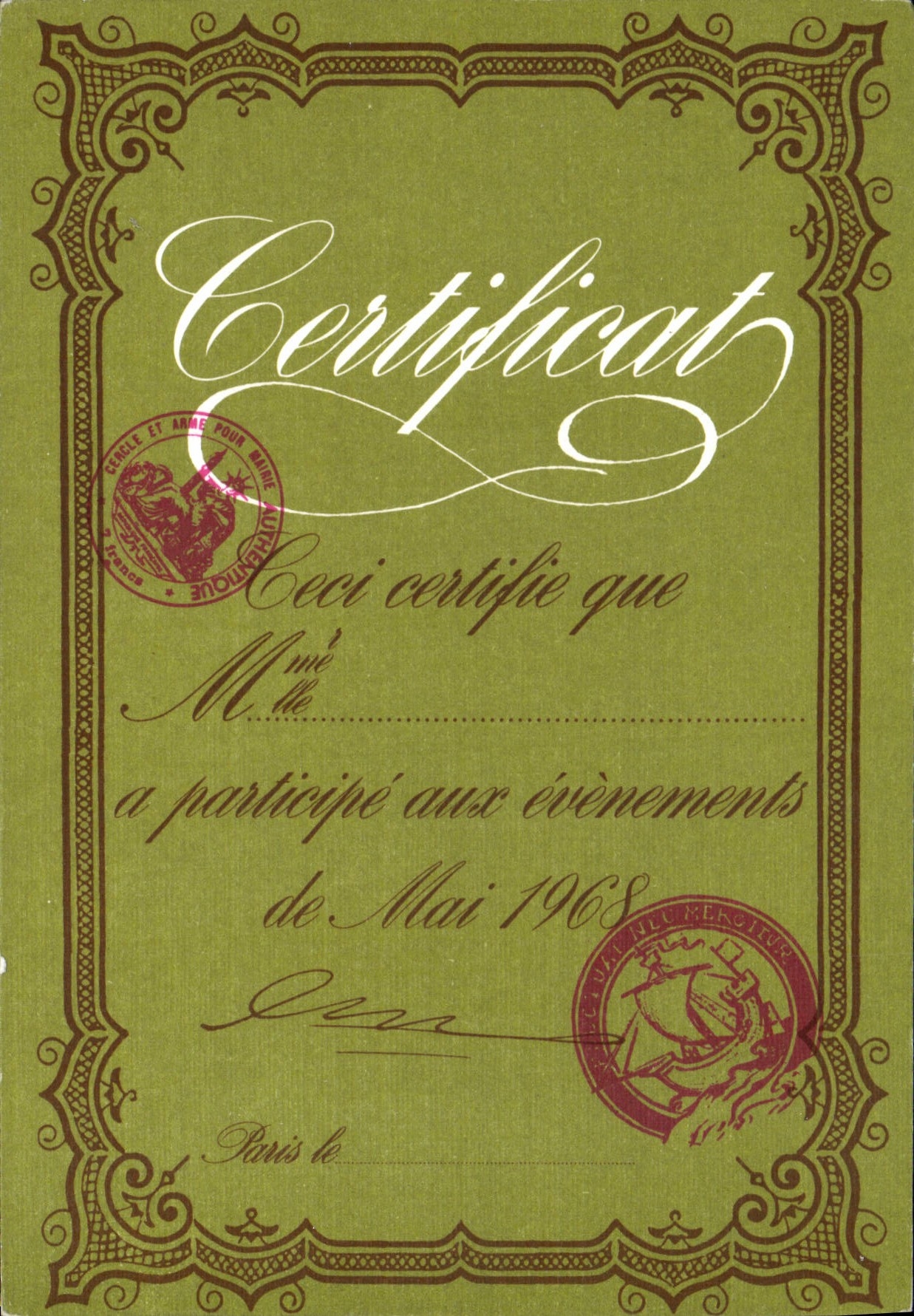 CPM Certificat Evenements de 1968 Politique Bateau 