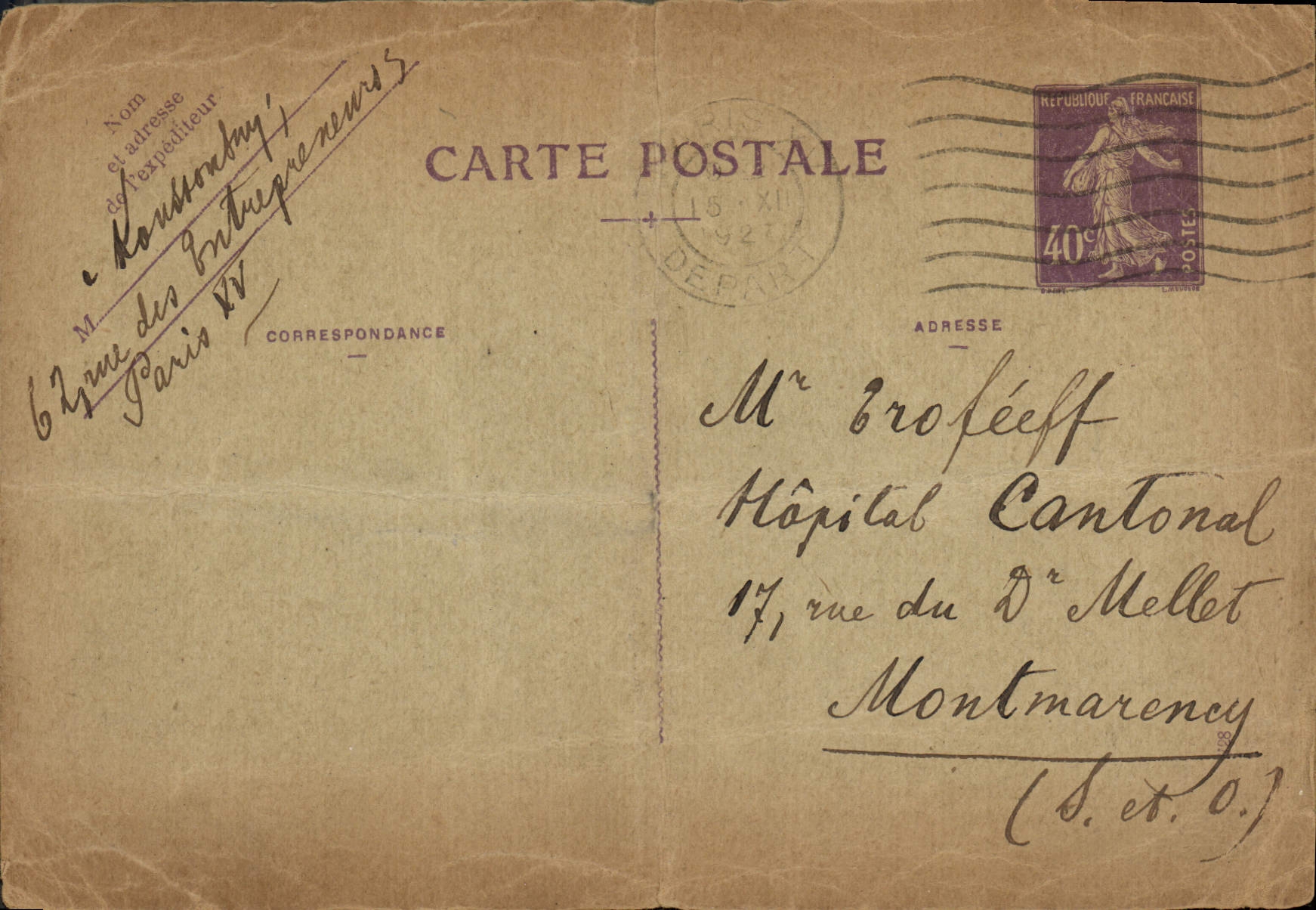 Entier Postal Semeuse 40c pour M Trofeef Montmorency 