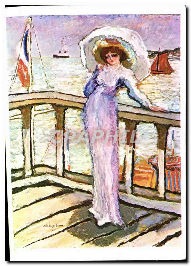Femme en robe lilas et chapeau blanc — bord de mer avec voiliers — Éditions Mic Max, n°6005