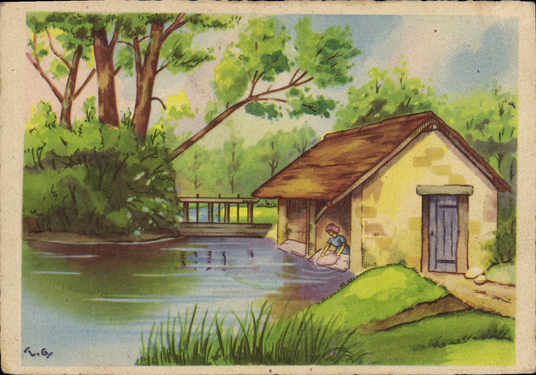 Frau, die am Teich wäscht — kleines Häuschen und Brücke im Hintergrund — Zeichnung signiert von R.G. — Verleger R. Hamel, Paris