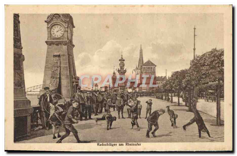 CPA Dusseldorf Rheinbrucke mit Radschlagern Enfants — Rückseite