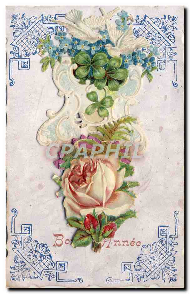 CPA Fantaisie Fleurs Colombe Trefle Bonne Annee