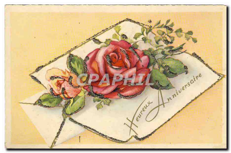 CPA Fantaisie Fleurs Roses Heureux Anniversaire