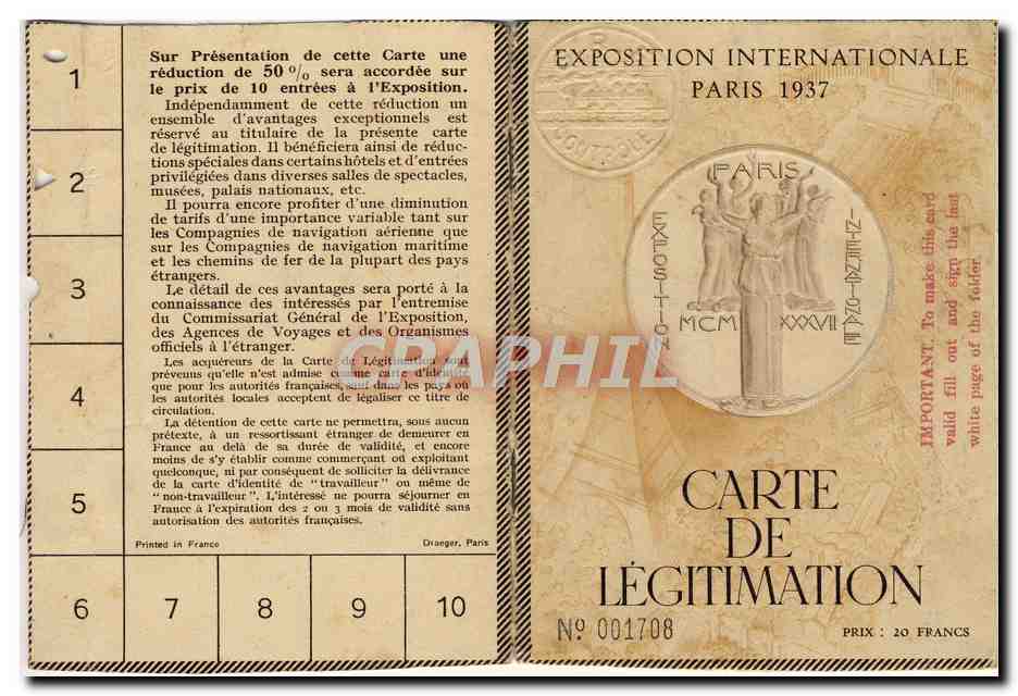 Exposition internationale 1937 Paris Carte de legitimation
