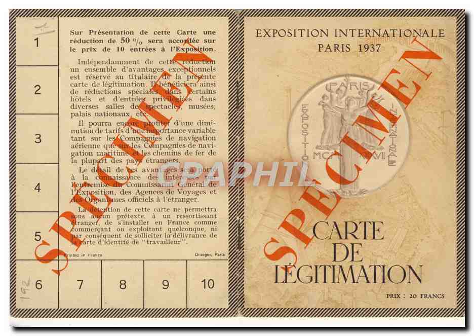 Exposition internationale 1937 Paris Carte de legitimation
