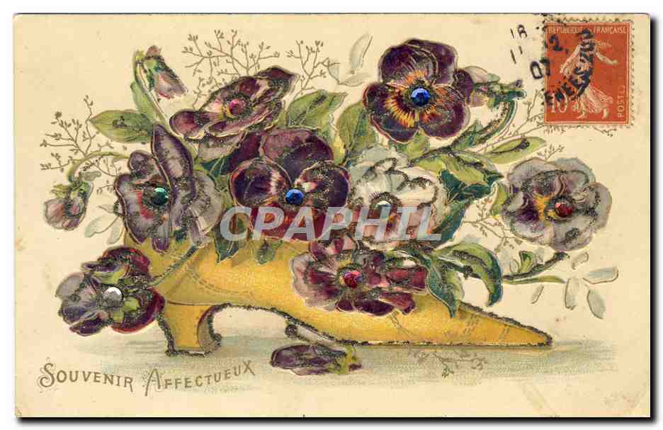Bouquet de fleurs dans un vase jaune — Souvenir Affectueux — éditeur inconnu