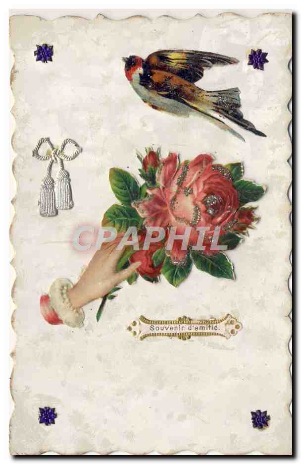 CPA Fantaisie Fleurs Hirondelle