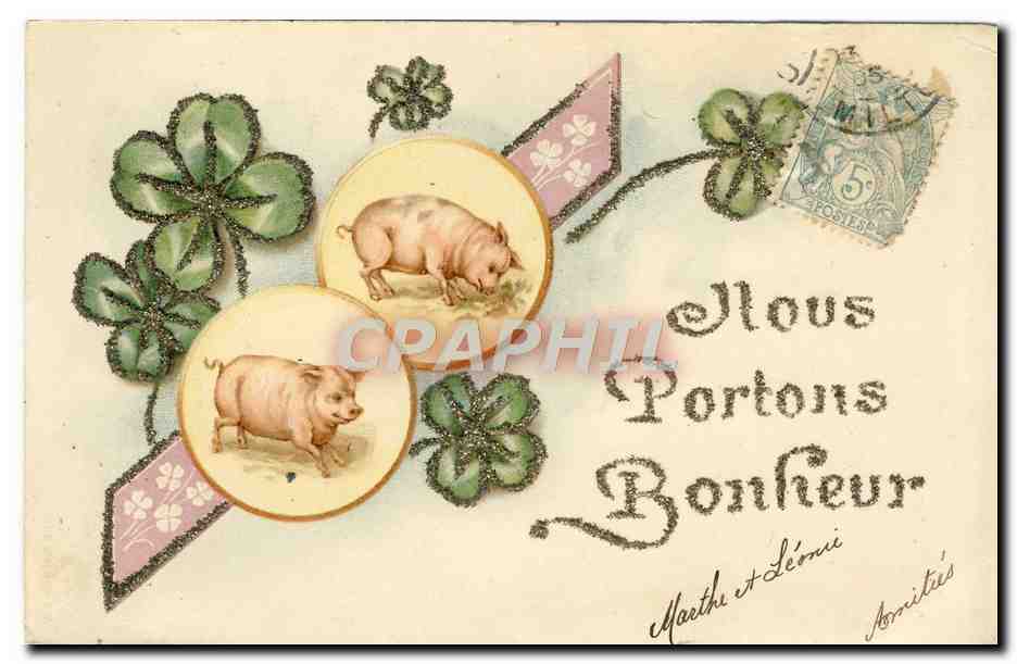 CPA Fantaisie Fleurs Cochon Porc