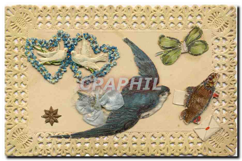 CPA Fantaisie Brodee Fleurs Hirondelle