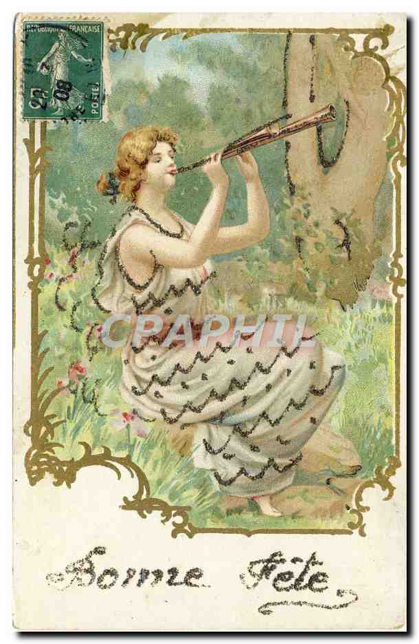Woman in decorated dress playing an instrument — 'Bonne Fête' — unknown publisher