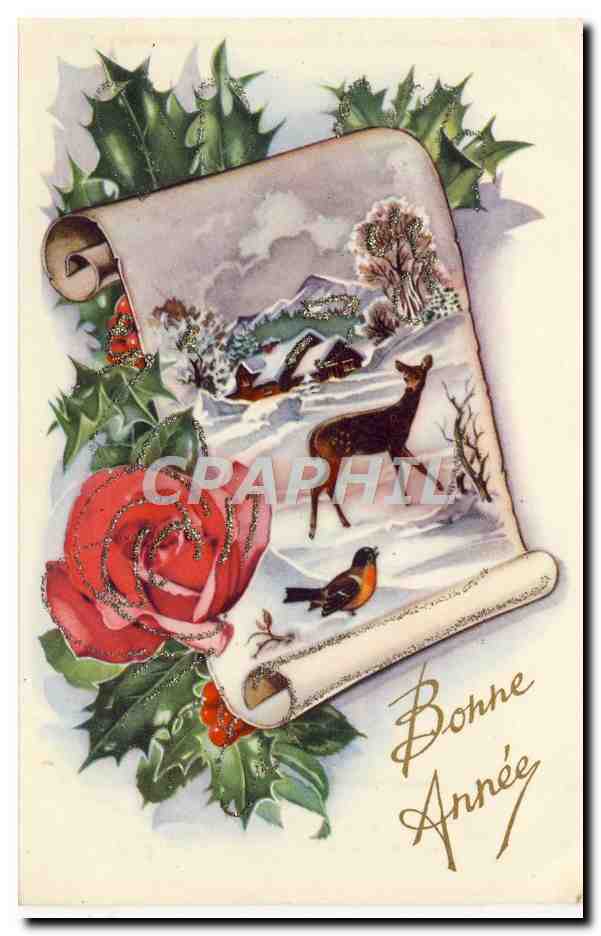 CPA Fantaisie Fleurs Bonne annee Biche